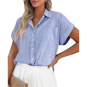 PRETTYGARDEN Striped Shirts Button Up Tops for Women 2024 Summer Short Sleeve V Neck Dressy Casual Blouse