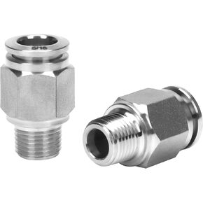 Push to Connect Fitting - 304 Stainless Steel Male Straight 3/8" Tube OD x 1/8" NPT Thread Pneumatic Push Lock Fitting (Pack of 2)
