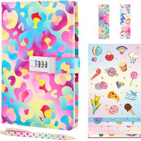 WERNNSAI Kids Diary Set Girls Leopard Diary with Lock Teens Secret Journal Set, Waterproof Leather Diary for Girls, Girls A5 Journal Gift Set with 6 Stickers Papers, 2pc Bookmark and 1pc Writing Pen