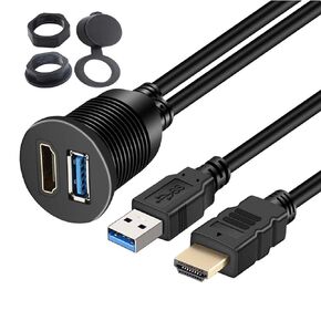 USB 3.0 + HDMI Extension Dash Panel Waterproof Car Flush Mount Cable with 6.6Ft for Car Boat Motorcycle.