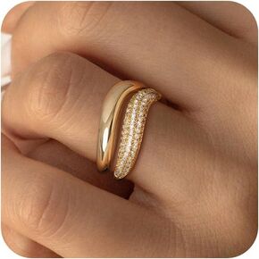 2 PCS Gold Rings for Women 14k Gold Plated Cubic Zirconia Ring Stackable Wave Dainty Eternity Band Fashion Rings Jewelry Size 5-10 Rings for Womens
