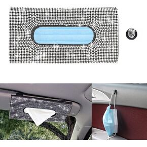 Car Visor Tissue Holder, Sparkling PU Leather Mask Box, Bling Crystals Cover Case & Glitter Mask Hook Clip for Women (Purple)
