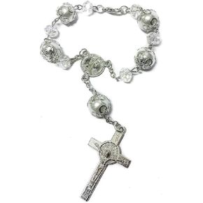 Nazareth Store Saint Benedict Evil Protection Medal White Clear Crystal Beads Rosary Car Auto Mirror Rearview