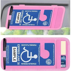 Handicap Placard Holder for Car, Disabled Parking Permit Sign Protector, Car Interior Sun Visor Storage Clip with Pen Holder, Note Paper Slot, Elastic Strap (Pink)