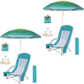 Beach Chair, Beach Chair with Umbrella, Beach Chair for Adults Camping Chair High Back with Umbrella and Cooler, Portable & Lightweight for Beach, Outdoor, Camping (Set of 1 Blue)