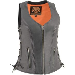 Milwaukee Leather MLL4532 Women's Black Cool-Tec Leather Open Neck Motorcycle Rider Vest w/Side Lace