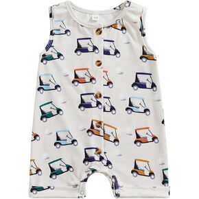 Newborn Baby Girls Boys Golf Outfit Sleeveless Button Golf Cart Print Jumpsuit Summer Hole in One Golf Birthday Romper