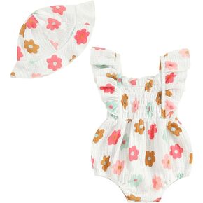 Merqwadd Baby Girl Floral Ruffle Romper Summer Sleeveless Playsuit with Hat Newborn Outfit Clothes
