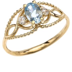 10K Yellow Gold, Blue Oval Cut Aquamarine & White Topaz Three Stone Swirl March Birthstone Split Shank Beaded Engagement Ring - Size 8