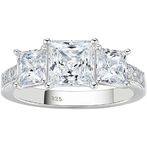 SHELOVES 2 Ct Three-stone Princess Cut Cubic Zirconia Engagement Ring for Women 925 Sterling Silver Sz 4-13