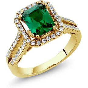 Gem Stone King 18K Yellow Gold Plated Silver Green Simulated Emerald Ring For Women | 2.78 Cttw | Emerald Cut 9X7MM | Available in size 5, 6, 7, 8, 9