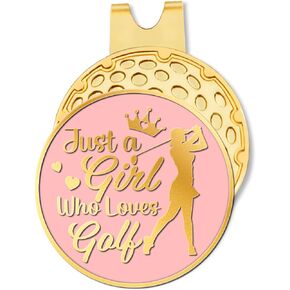 Just A Girl Who Loves Golf Pink Gold Golf Ball Marker with Hat Clip, Funny Golf Accessories and Golf Gifts for Women Her Mom Wife Daughter, Birthday for Golfer Golf Lovers