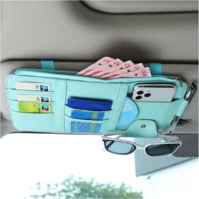 Car Sun Visor Organizer, Leather Personal Belonging Storage Pouch with Zipper, Car Visor Storage Pouch Sunglasses Holder, Auto Interior Accessories Pocket Organizers (Black)