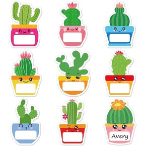 Whaline 180Pcs Cactus Name Tag 9 Designs Nameplate Stickers Cute Classroom Bulletin Board Decoration Label Decals for Summer Office School Desk Wall Decor