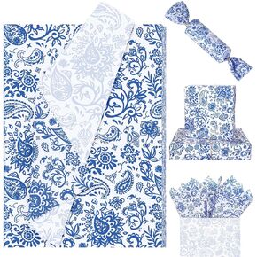 JarThenaAMCS 100 Sheets Blue Floral Paisley Tissue Paper Seasonal Flower Gift Wrapping Paper DIY Art Craft Tissue Paper for Packaging Spring Wedding Birthday Supplies, 13.7 x 19.6 Inch