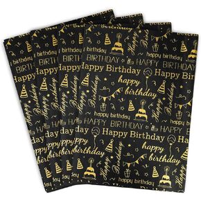 MR FIVE 100 Sheets Black Gold Birthday Tissue Paper Bulk,20" x 14",Black with Gold Happy Birthday Design Tissue Paper for Gift Bags,Black Gold Birthday Tissue Paper for Birthday Party