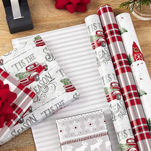 Hallmark Holiday Reversible Wrapping Paper Bundle, Rustic Christmas (Pack of 3, 120 sq. ft. ttl) Plaid, Barn, Red Truck, Moose, Woodland Scenes in Saudi Arabia