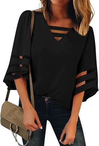 luvamia Women Casual Strappy V Neck Blouse 3/4 Bell Sleeve Mesh Panel Shirts Top in Saudi Arabia