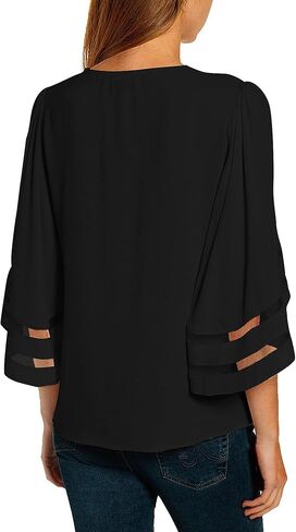 luvamia Women Casual Strappy V Neck Blouse 3/4 Bell Sleeve Mesh Panel Shirts Top in Saudi Arabia