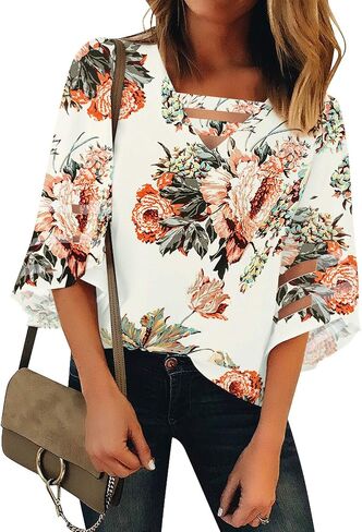 luvamia Women Casual Strappy V Neck Blouse 3/4 Bell Sleeve Mesh Panel Shirts Top in Saudi Arabia