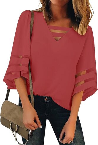 luvamia Women Casual Strappy V Neck Blouse 3/4 Bell Sleeve Mesh Panel Shirts Top in Saudi Arabia