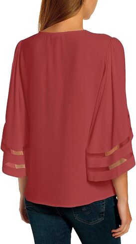 luvamia Women Casual Strappy V Neck Blouse 3/4 Bell Sleeve Mesh Panel Shirts Top in Saudi Arabia