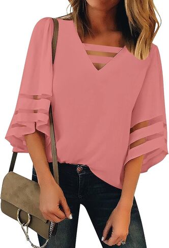 luvamia Women Casual Strappy V Neck Blouse 3/4 Bell Sleeve Mesh Panel Shirts Top in Saudi Arabia