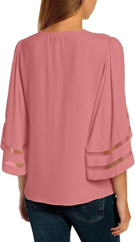 luvamia Women Casual Strappy V Neck Blouse 3/4 Bell Sleeve Mesh Panel Shirts Top in Saudi Arabia