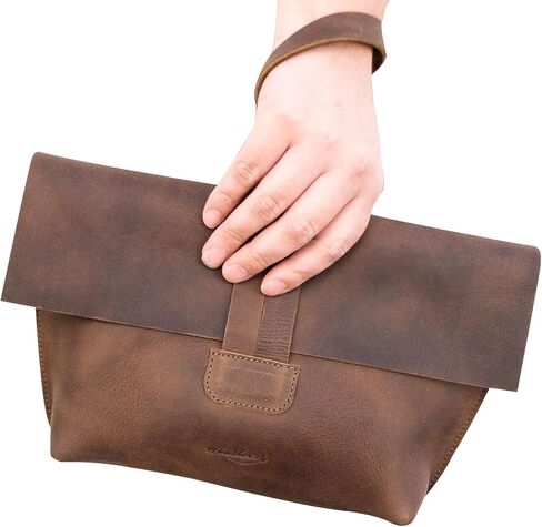 Heather's, Women's Clutch Bag, Travel Case, Accessories Pouch, Makeup, Cosmetics, and Toiletry Items, Full Grain Leather, Handmade, Bourbon Brown in Kuwait