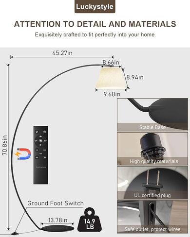 Arc Floor Lamps for Living Room,1200LM Super Bright 71 Inch Extra Tall Floor Lamp with Remote Control Dimmable 12W LED Bulb,E26 Base,Adjustable Lampshade,Foot Switch,LED Hanging Lamp for Bedroom Black in Saudi Arabia