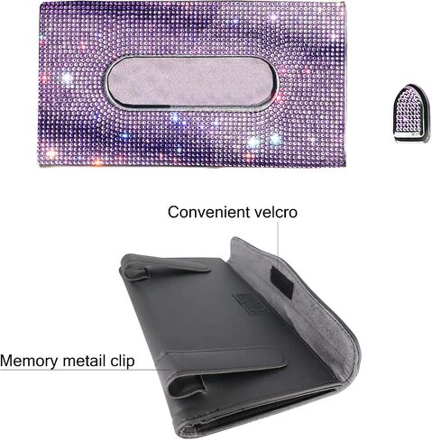 Car Visor Tissue Holder, Sparkling PU Leather Mask Box, Bling Crystals Cover Case & Glitter Mask Hook Clip for Women (Purple) in Saudi Arabia