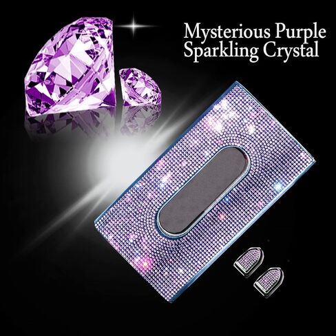 Car Visor Tissue Holder, Sparkling PU Leather Mask Box, Bling Crystals Cover Case & Glitter Mask Hook Clip for Women (Purple) in Saudi Arabia
