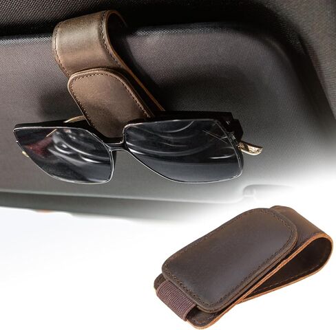 Polare حامل نظارات شمسية من الجلد المحبب بالكامل لنظارات السيارة ونظارات شمسية ومشبك مغناطيسي من الجلد وحامل نظارات عالمية للشاحنة والإكسسوارات الداخلية للسيارة، عبوة واحدة in Kuwait