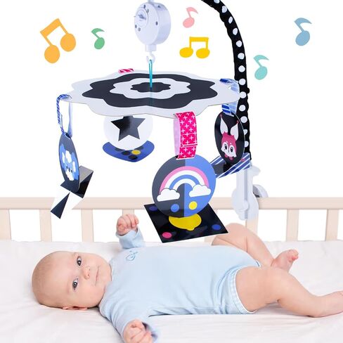 Baby Crib Mobile with Calming Music Rotation - Black and White High Contrast Nursery Mobile for Visual Stimulation and Development Baby Mobile for Crib for Newborn Infants, Boys, and Girls in Kuwait