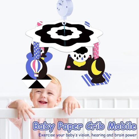 Baby Crib Mobile with Calming Music Rotation - Black and White High Contrast Nursery Mobile for Visual Stimulation and Development Baby Mobile for Crib for Newborn Infants, Boys, and Girls in Kuwait