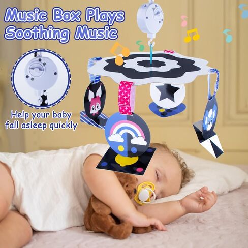 Baby Crib Mobile with Calming Music Rotation - Black and White High Contrast Nursery Mobile for Visual Stimulation and Development Baby Mobile for Crib for Newborn Infants, Boys, and Girls in Kuwait