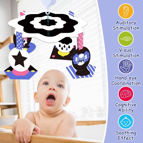 Baby Crib Mobile with Calming Music Rotation - Black and White High Contrast Nursery Mobile for Visual Stimulation and Development Baby Mobile for Crib for Newborn Infants, Boys, and Girls in Kuwait