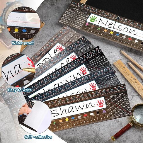 48 Pcs Desk Name Tags Rustic Traditional Manuscript Name Tags Self Adhesive Contemporary Desk Plate Topper for Classroom Teacher Student with Alphabet Ruler Shape for Kids Kindergarten Primary School in Saudi Arabia