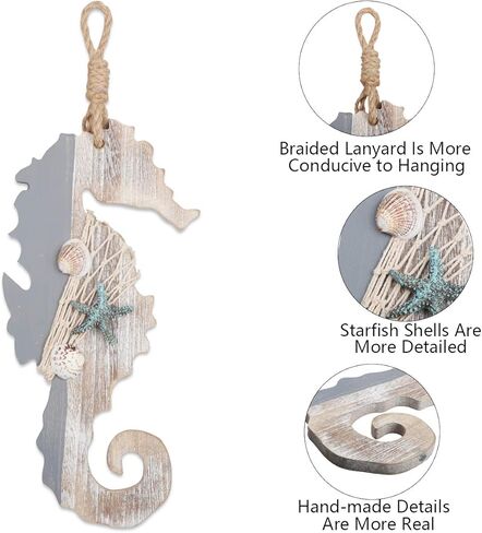 YIYA 15.7" Wooden Decor Oar with Starfish and Shells for Nautical Decoration, Wall Decor Door Hanging Ornament Beach Theme Home Decoration in Saudi Arabia