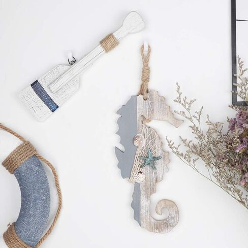 YIYA 15.7" Wooden Decor Oar with Starfish and Shells for Nautical Decoration, Wall Decor Door Hanging Ornament Beach Theme Home Decoration in Saudi Arabia