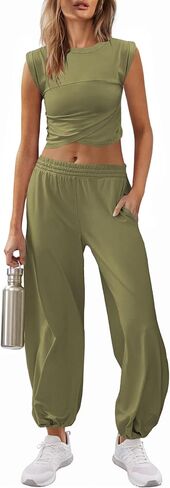 Womens Two Pieces Outfits Lounge Sets Cropped Tops Sweatpants Sets Athletic Tracksuit with Pockets in Saudi Arabia