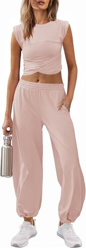 Womens Two Pieces Outfits Lounge Sets Cropped Tops Sweatpants Sets Athletic Tracksuit with Pockets in Saudi Arabia