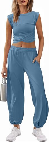 Womens Two Pieces Outfits Lounge Sets Cropped Tops Sweatpants Sets Athletic Tracksuit with Pockets in Saudi Arabia