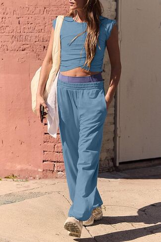 Womens Two Pieces Outfits Lounge Sets Cropped Tops Sweatpants Sets Athletic Tracksuit with Pockets in Saudi Arabia