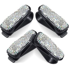 4 Pieces Glasses Holders for Car Sun Visor Bling Bling Rhinestone Diamond Sunglasses Eyeglasses Mount with Ticket Card Clip