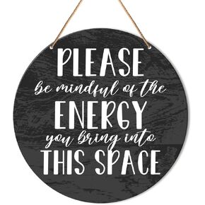 Positive Energy Door Sign, Zen Hanging Sign Decor Positive Energy Wall Decorations Farmhouse Witchy Sign for Door, Spiritual Room, Home, Office, Housewarming Gift for New House Home, Be Mindful Quote