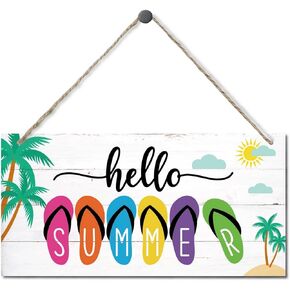 لافتة Hello Summer Flip Flops ديكور، لافتة خشبية معلقة لديكور المنزل، لافتة فنية جدارية خشبية مطبوعة، ديكور جدار كوخ على شاطئ البحر، علامة ترحيب للصيف، ديكور شرفة المزرعة المنزلية، ديكور الباب الأمامي
