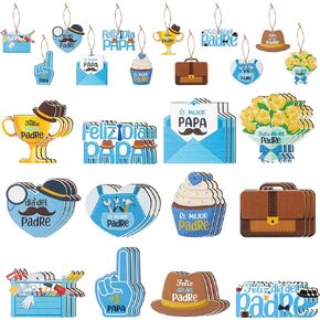Haooryx Father's Day Spanish Wood Hanging Ornament Decorations 37Pcs Feliz Dia Papa El Mejor Padre Wood Craft Hanging Ornament with Ropes for Father's Day Man Dad Birthday Party Decor Supplies