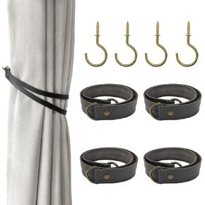 Classic Leather Curtain Tiebacks, 4Pcs Retro Leather Curtain Buckle Curtain Holdbacks Curtain Ties No-Drilling Curtain Rope Tieback for Home Living Room Bedroom Offic Decorative (Black)