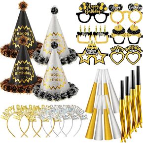 Sratte 36 Pcs Birthday Party Favors Set, Happy Birthday Hat Headband Glasses Noise Makers Party Horns for Adults Kids (Black Gold Style)